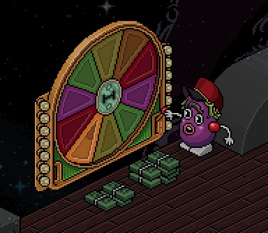 A coloured prize wheel on a rooftop with the mascot beside it and cash stacked on the deck