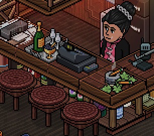 Elvira behind the bar with three stools in front of her